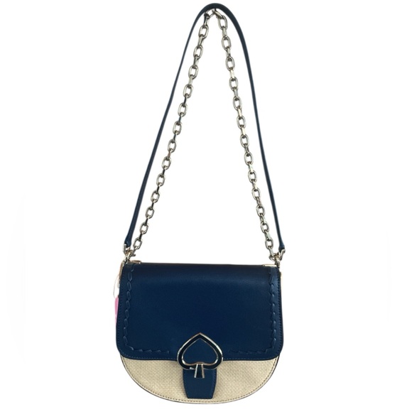 Kate Spade Robyn Straw & Leather Crossbody/Saddle Bag Navy NWT - Picture 2 of 11